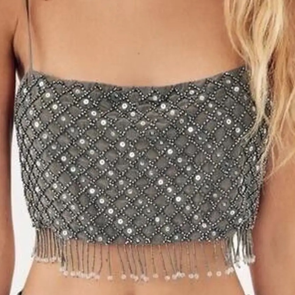Elegant Gray Embellished Beaded Camisole